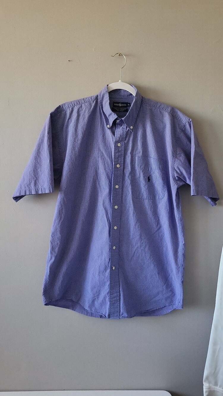 Ralph Lauren Men's XL Short Sleeve Button Down Shirt Blue Micro Check Cotton